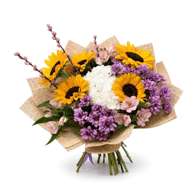 Buchet cu hortensie, floarea-soarelui și crizanteme