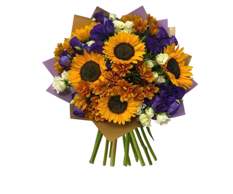 Buchet de toamnă cu crizanteme, lisianthus și floarea-soarelui