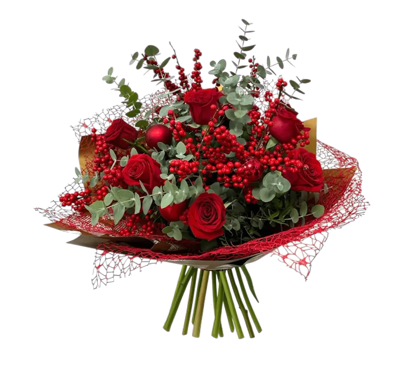 Buchet cu trandafiri roșii și ilex