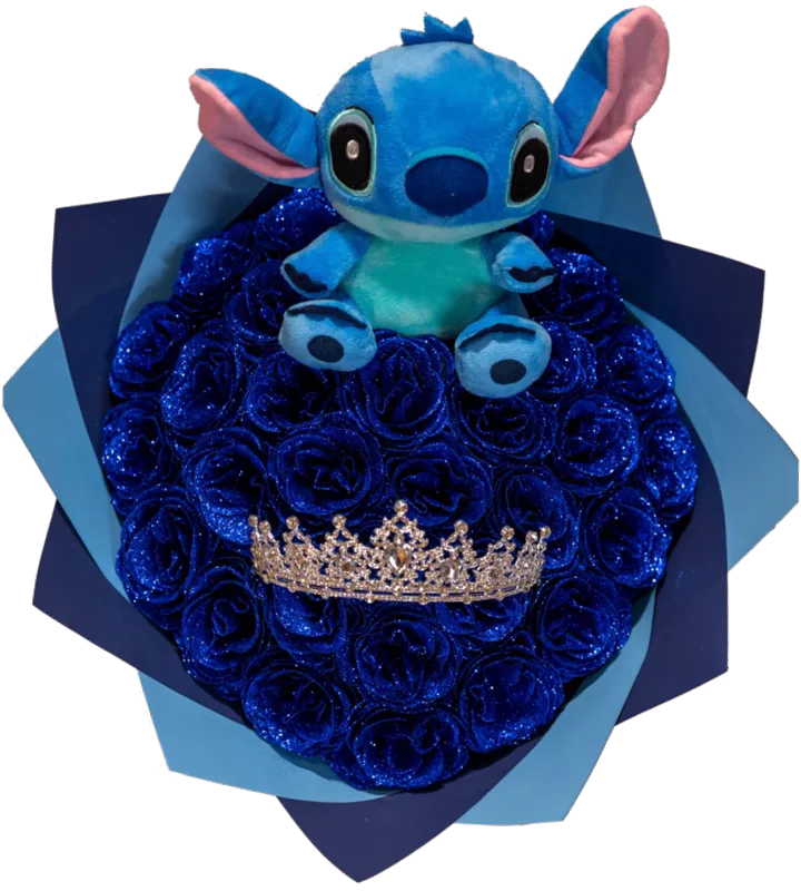 Buchet imperial cu sclipici, 51 de fire, cu Stitch și coroniță cu cristale