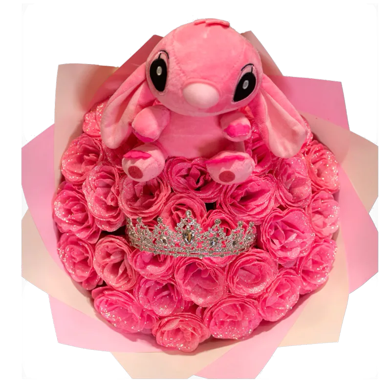 Buchet cu trandafiri roz imperial cu sclipici, Stitch roz și coroniță cu cristale