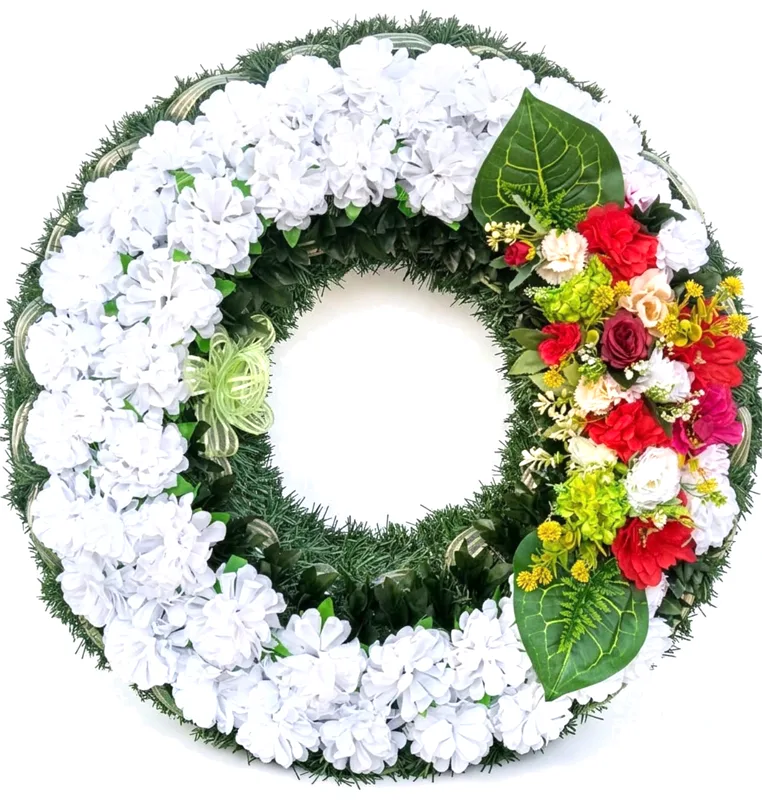 Coroană funerară din flori artificiale, albă, 70 cm