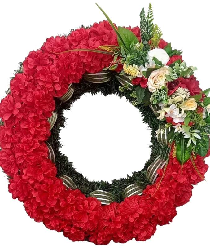 Coroană funerară din flori artificiale, roșie, 70 cm