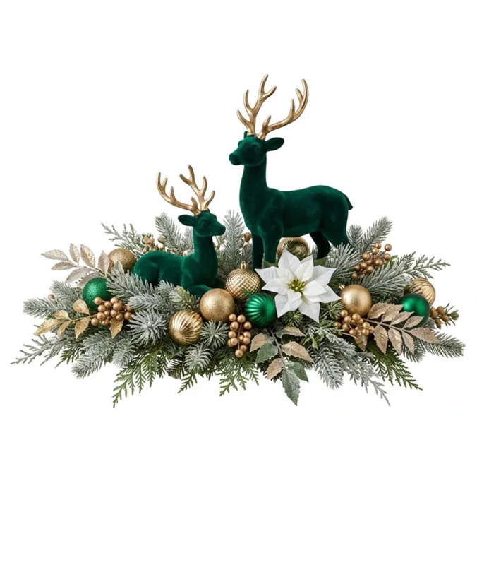 Ornament de masă de Crăciun cu cerbi verzi de catifea